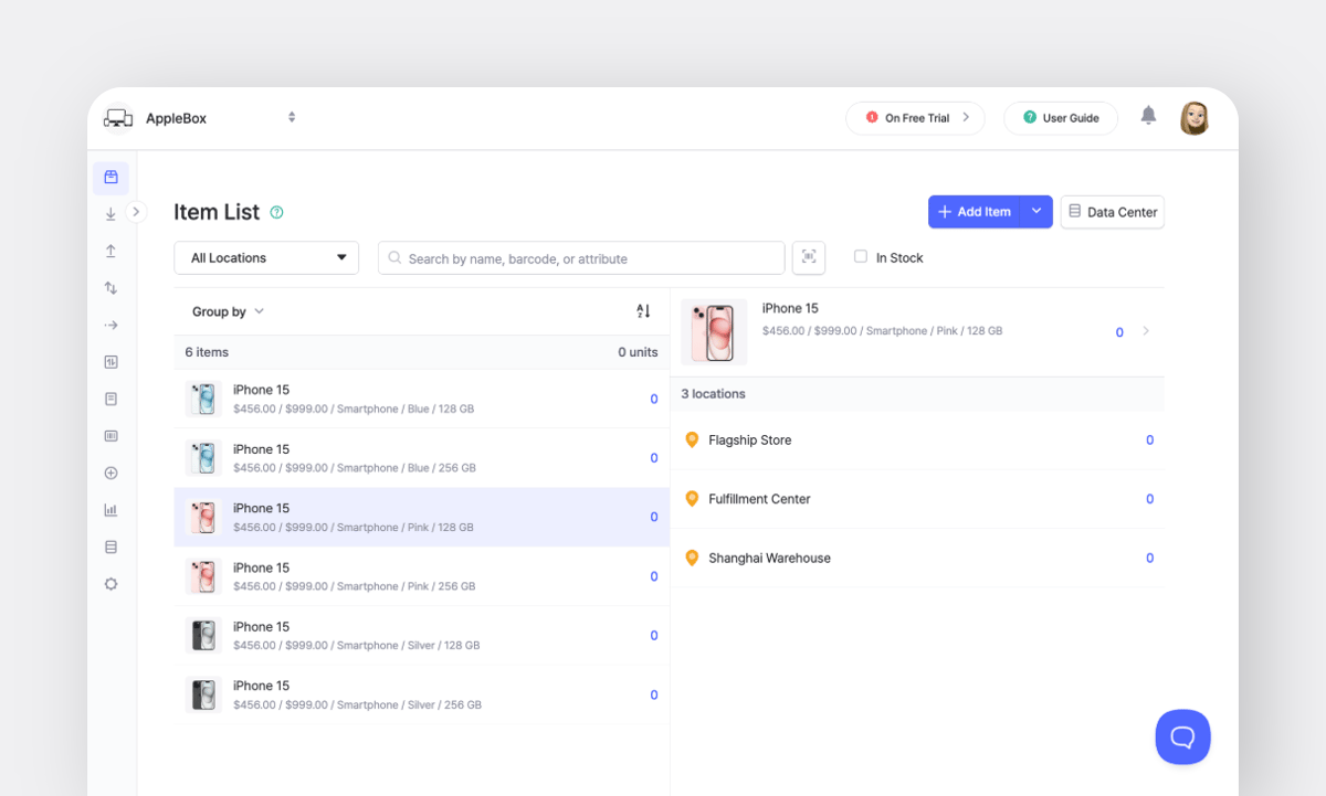 BoxHero Web: lista de artículos con variantes de iPhone