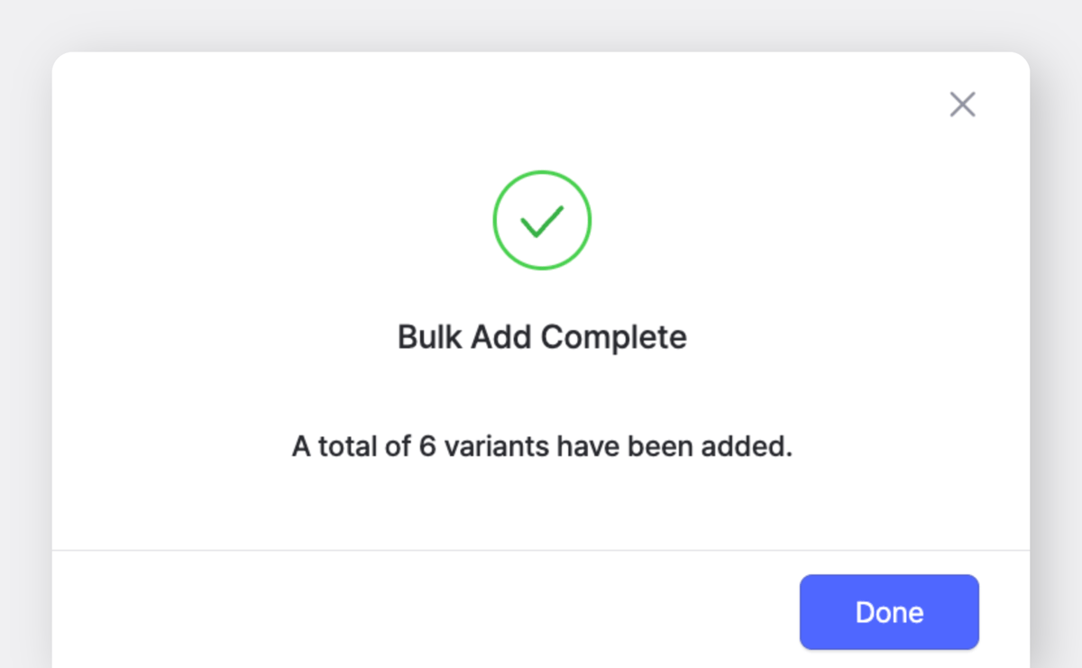 Mensaje emergente de BoxHero: Adición masiva completada