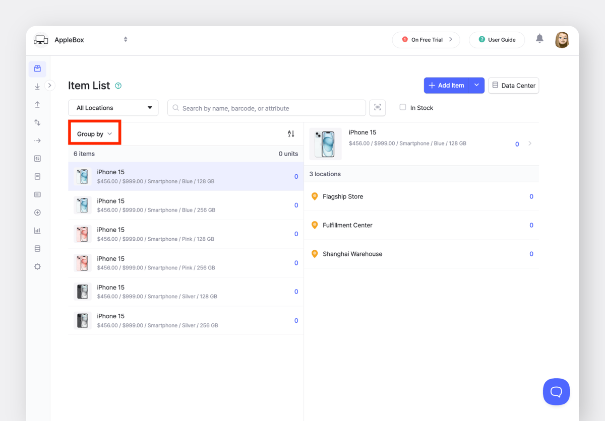 BoxHero Web: Lista de artículos con la función Group by