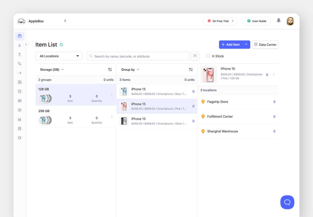 BoxHero Web: Lista de artículos con grupos anidados