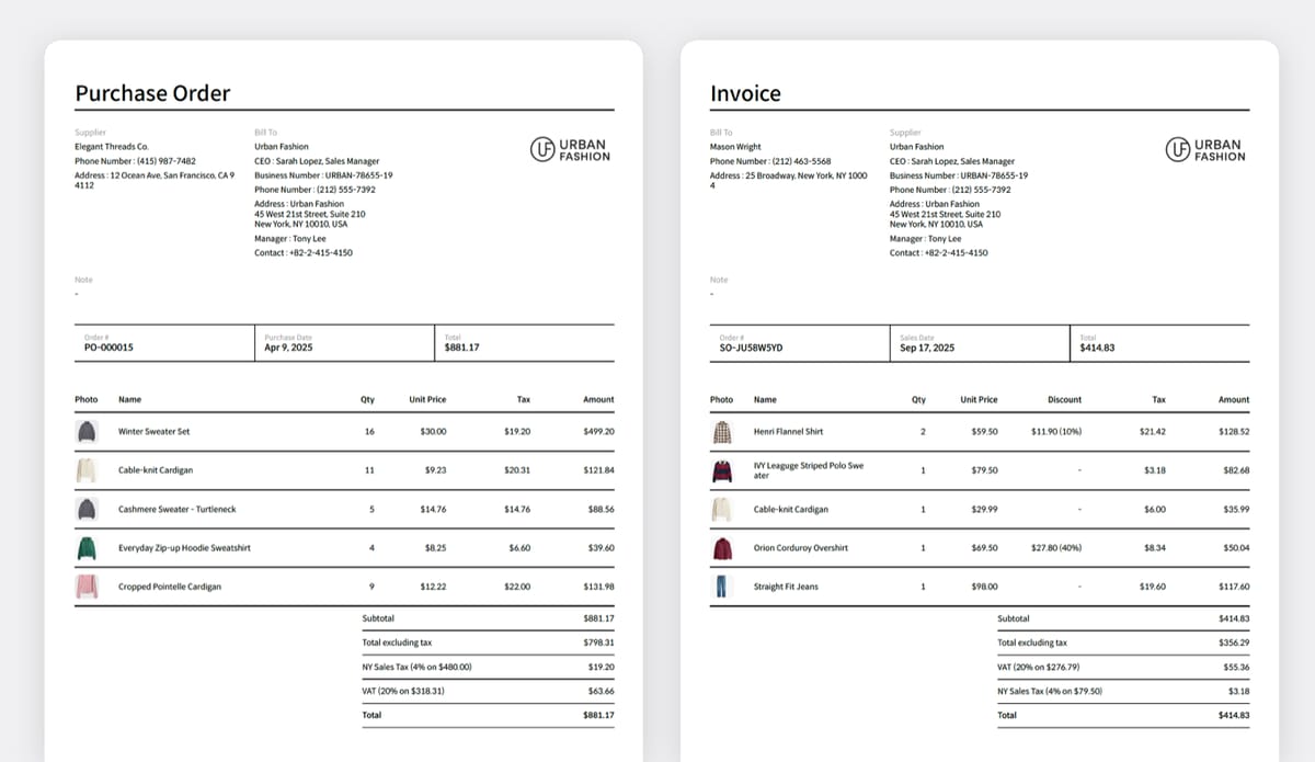 Capturas de pantalla de PDF de Orden de Compra y Factura por BoxHero