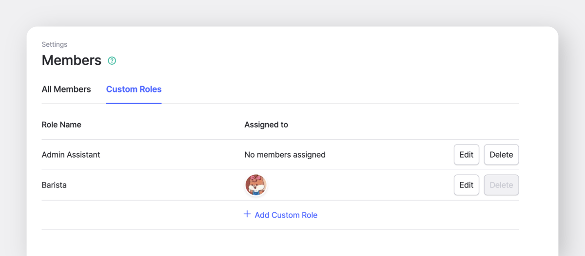 BoxHero member settings screen showing the Custom Roles tab with two roles: "Admin Assistant" and "Barista"