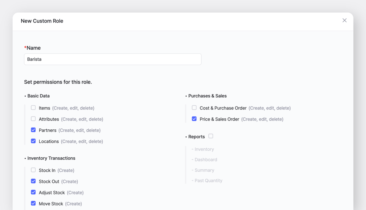 BoxHero New Custom Role pop-up with checkboxes