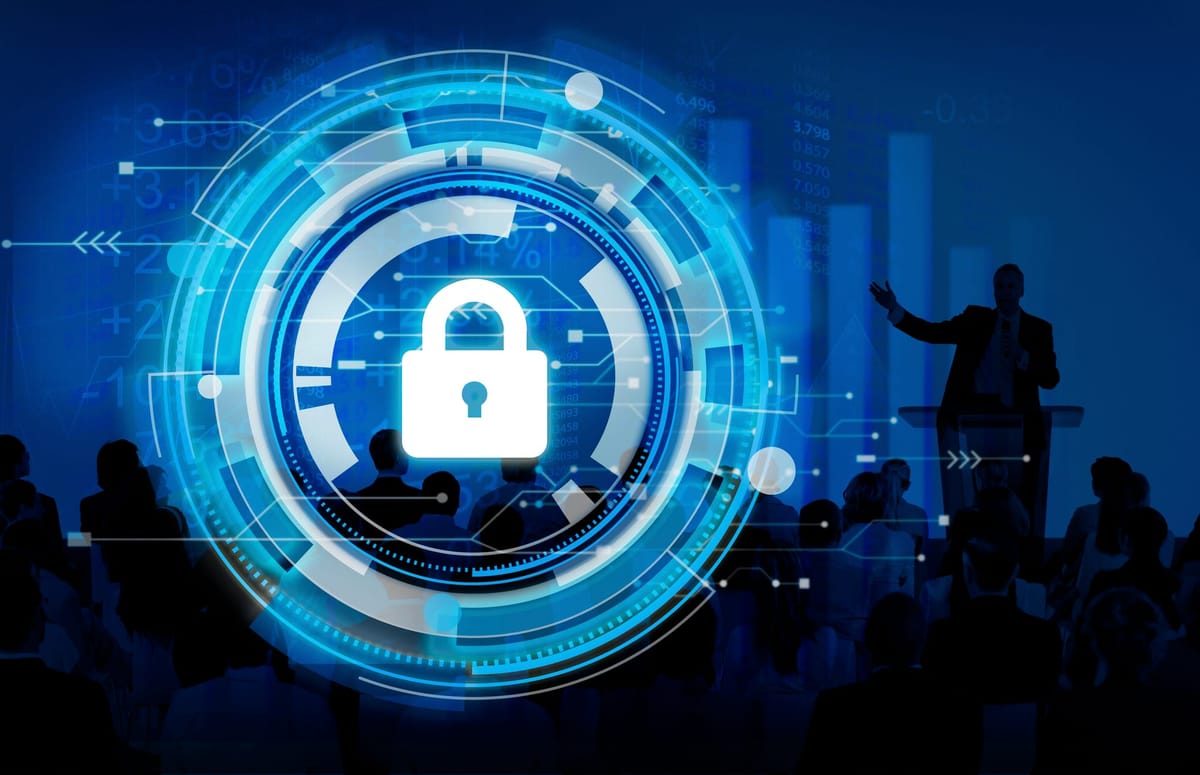 Cybersecurity concept showing a digital padlock icon on a futuristic interface during a business presentation about data protection