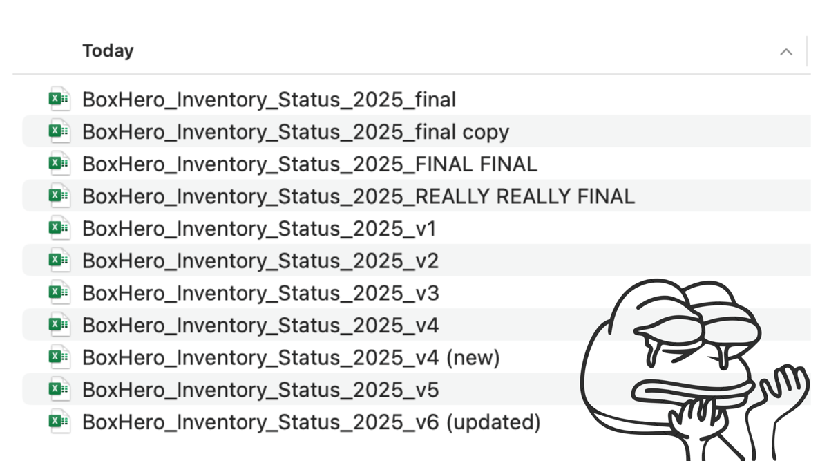 Captura de pantalla de varios archivos de Excel con diferentes versiones y un meme divertido que muestra la frustración por los archivos duplicados