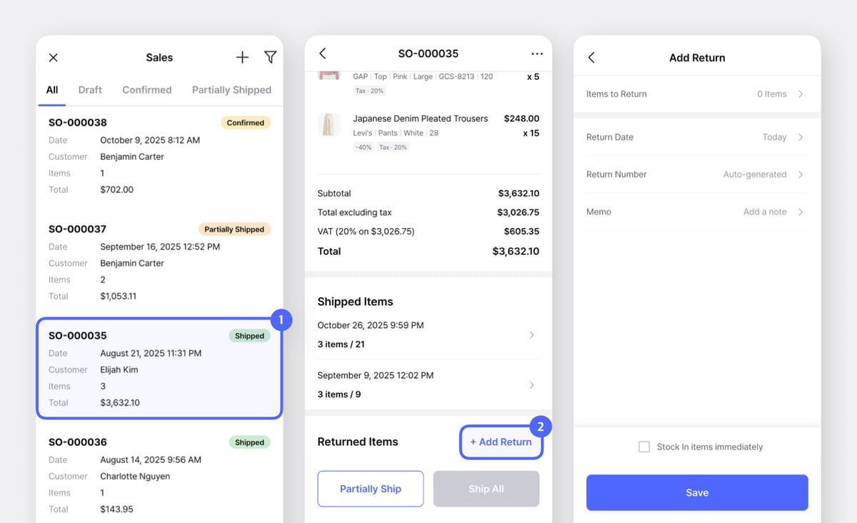 Tap â+ Add Returnâ to process a return on BoxHero's mobile app