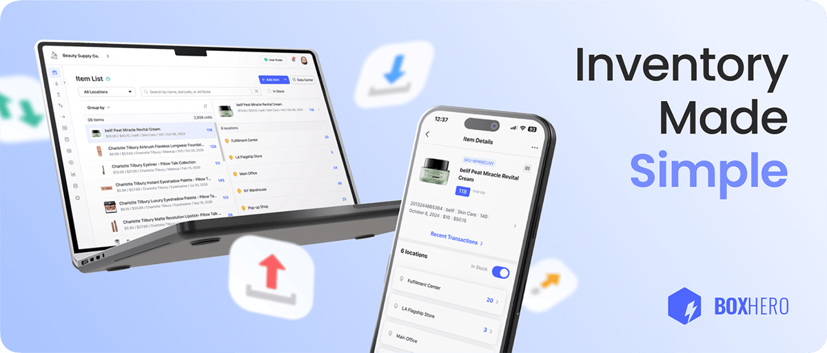 BoxHero desktop and mobile inventory management interface with item details, transactions, and barcode tracking.