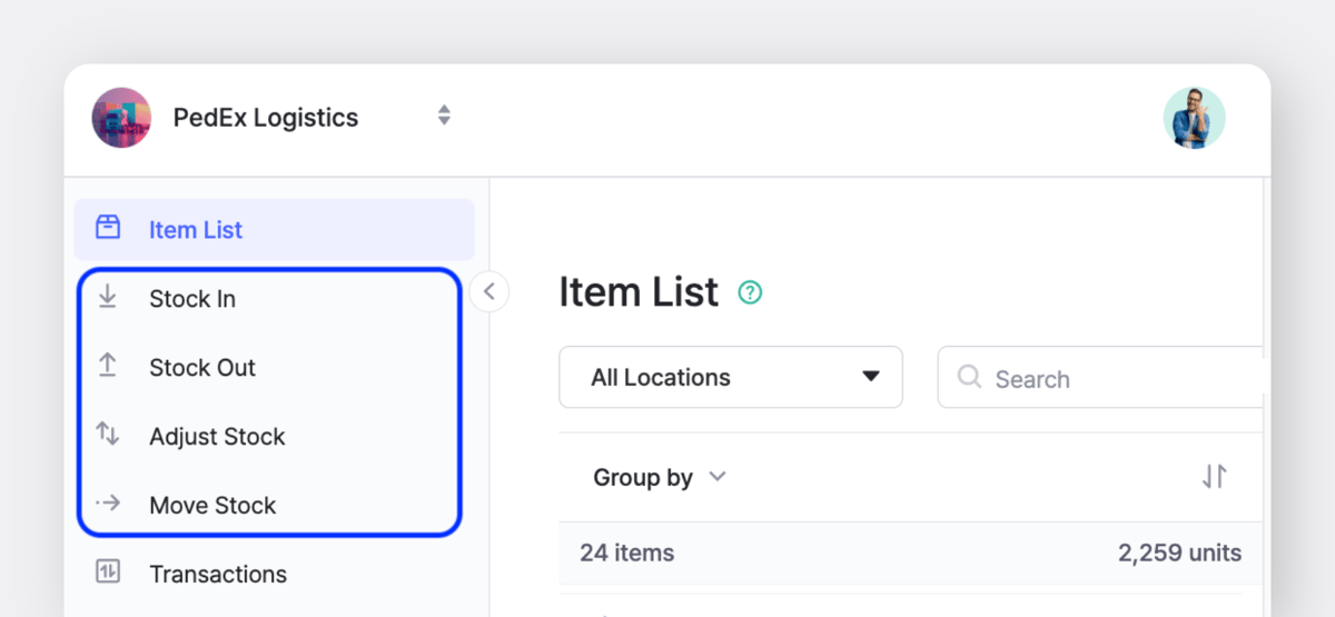 BoxHero inventory management solution sidebar, including Stock In, Stock Out, Adjust Stock, and Move Stock transactions.