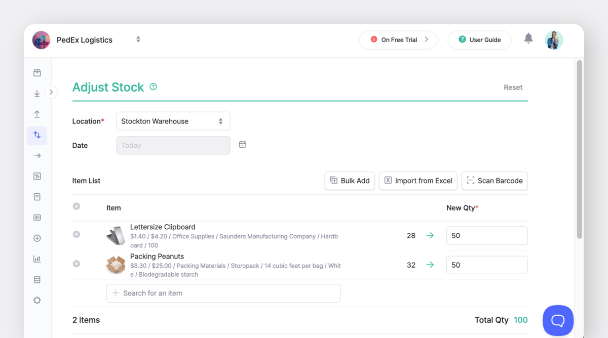 BoxHero "Adjust Stock" transaction interface for updating item quantities in a warehouse, inventory adjustment and reconciliation.