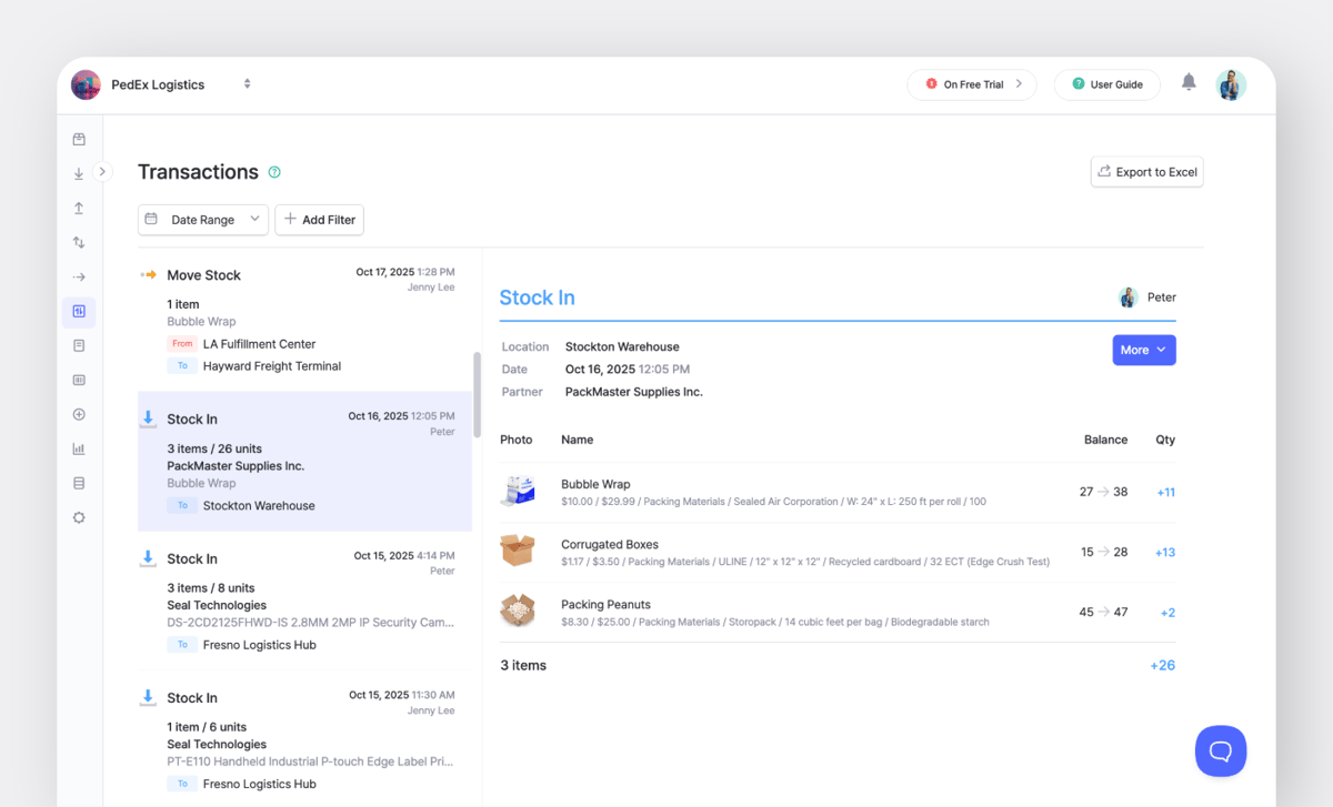 BoxHero Transactions detail view showing a "Stock In" record at Stockton Warehouse
