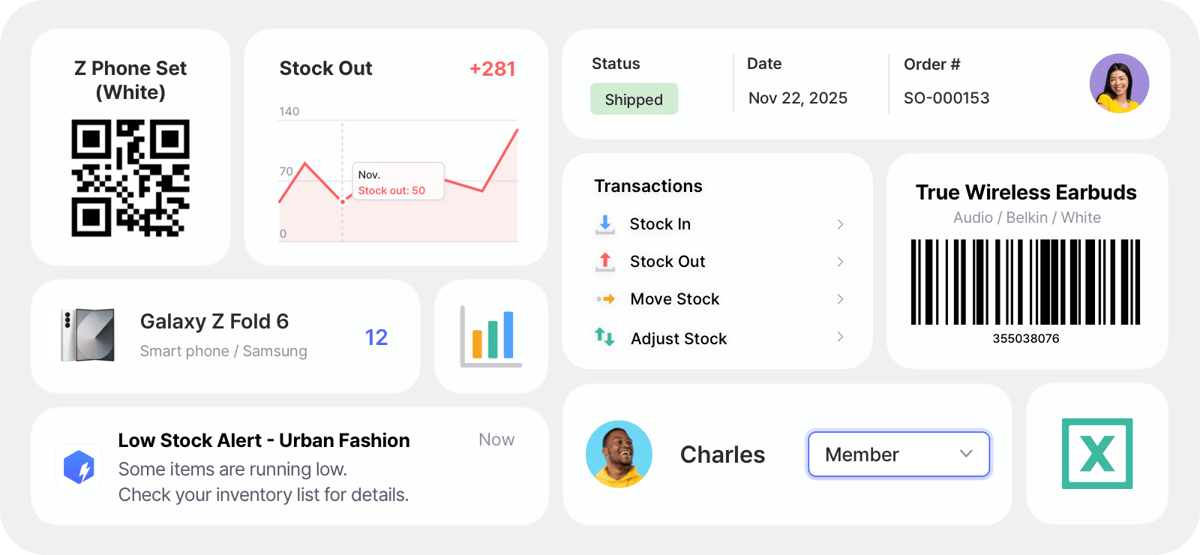 BoxHero inventory management features, stock control dashboard, small business toolsDashboard view in the BoxHero app showing multiple features and tools like low stock alerts and shipment status.