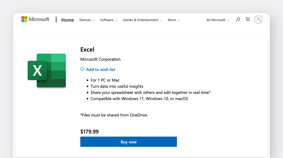 Página del producto Microsoft Store para el software Excel con un precio de $179.99