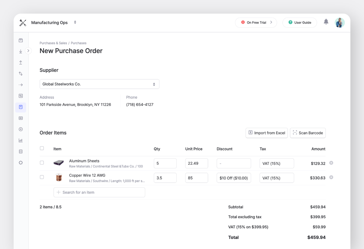 Pantalla de nueva orden de compra en BoxHero con información del proveedor, lista de artículos y campos de cantidad, precio, descuento e impuesto.