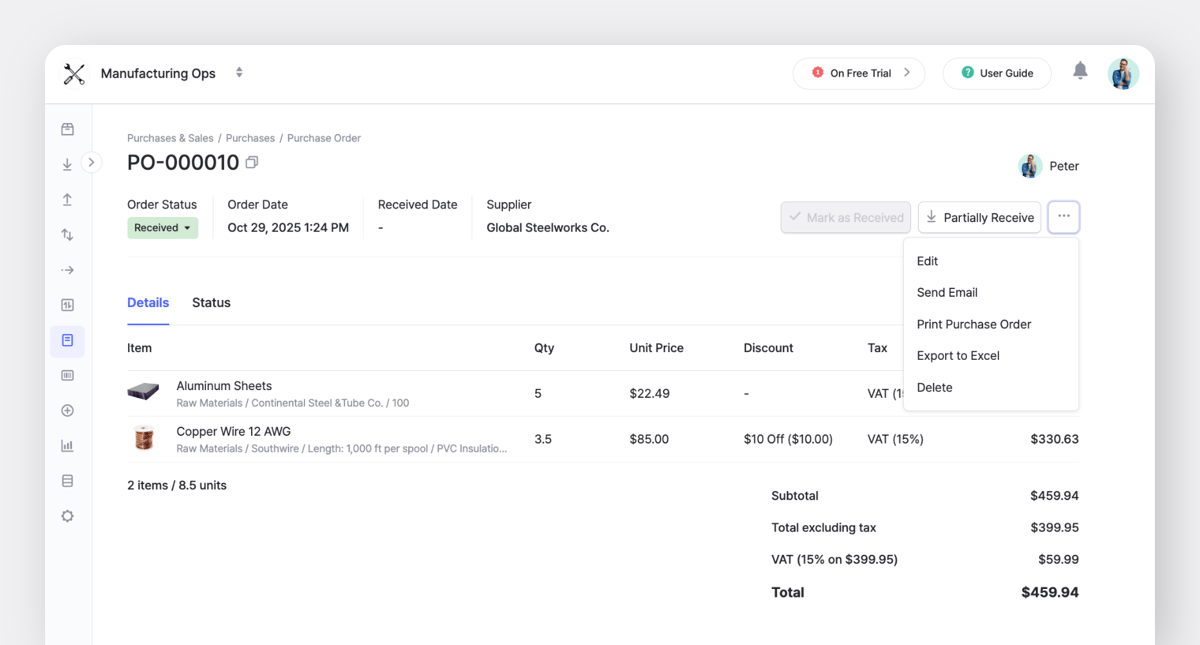 Página de detalles de una orden de compra en BoxHero con estado de la orden, proveedor, lista de artículos y un menú desplegable para editar, enviar, imprimir o exportar.