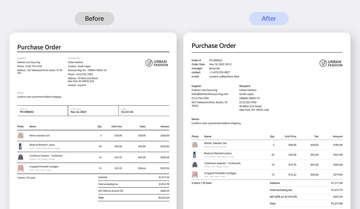 Before and after comparison of the Purchase Order layout