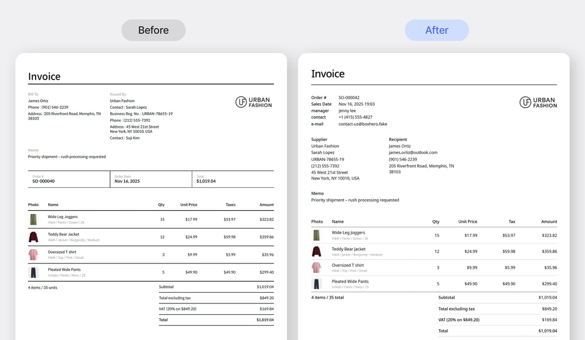 Before and after comparison of the Invoice layout