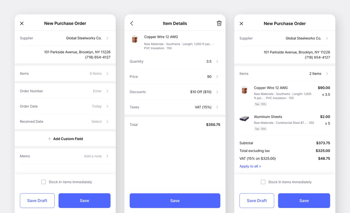 Flujo de creación de una nueva orden de compra en la app móvil de BoxHero con selección de proveedor, detalles de artículos y resumen de la orden con impuestos y totales.