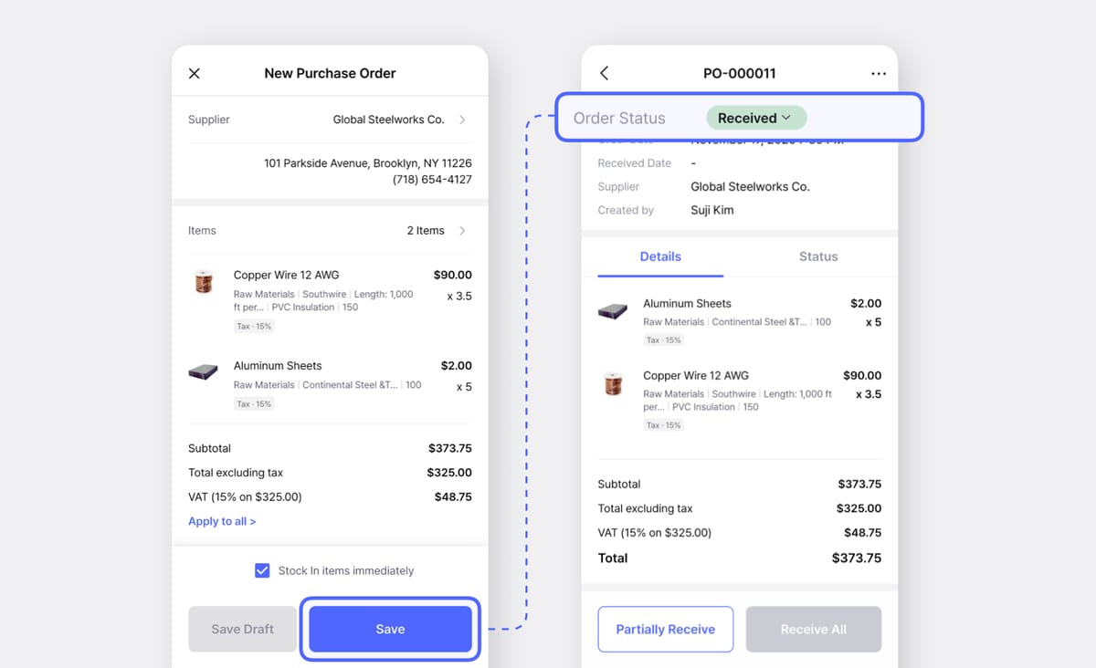 Ingreso de artículos y guardado de una nueva orden de compra en la app móvil de BoxHero para marcar el estado como “Recibida”.
