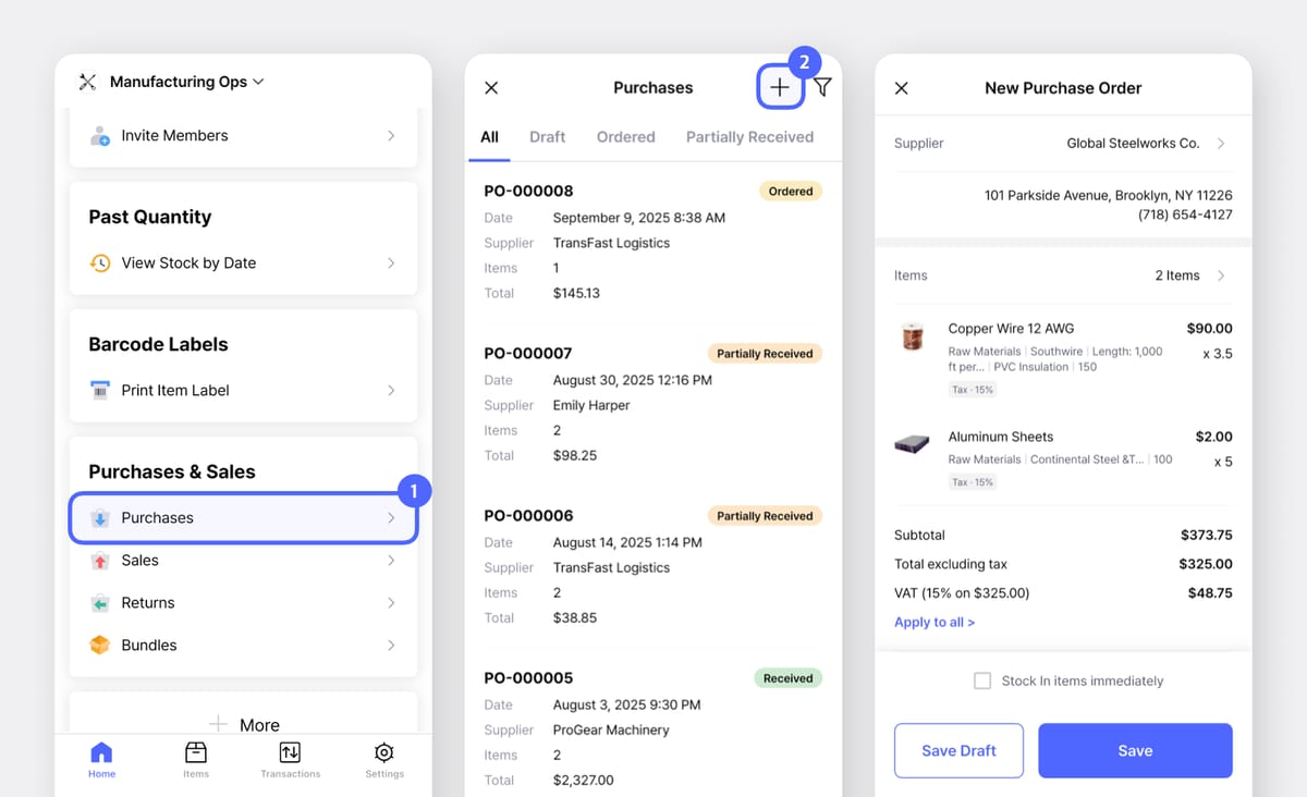 Aplicación móvil de BoxHero que muestra cómo crear una nueva orden de compra desde la sección Compras en Compras y Ventas.