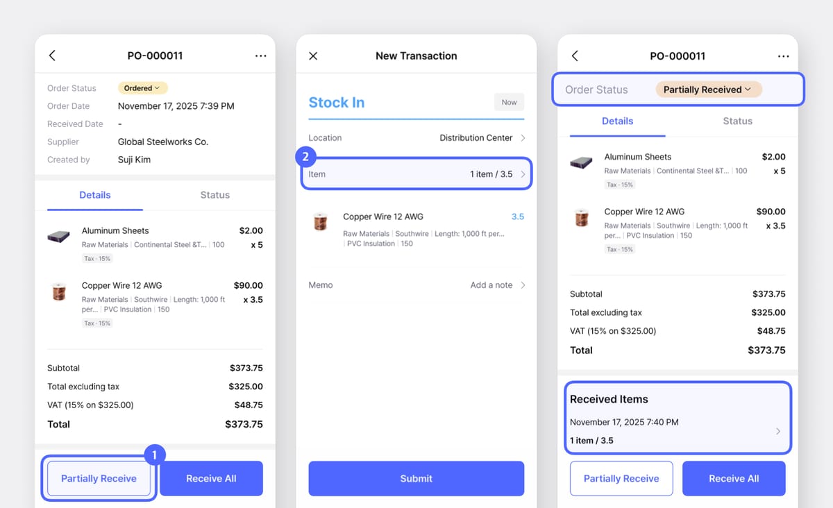 Recepción de artículos en la app móvil de BoxHero que muestra una actualización parcial y el cambio automático del estado a “Parcialmente Recibida”.