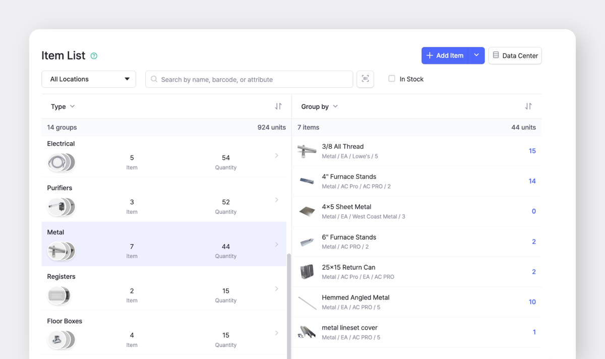 HVAC categories (e.g., Electrical, Metal, Registers, Purifiers, and Floor Boxes) can be grouped by Attributes in BoxHero. 