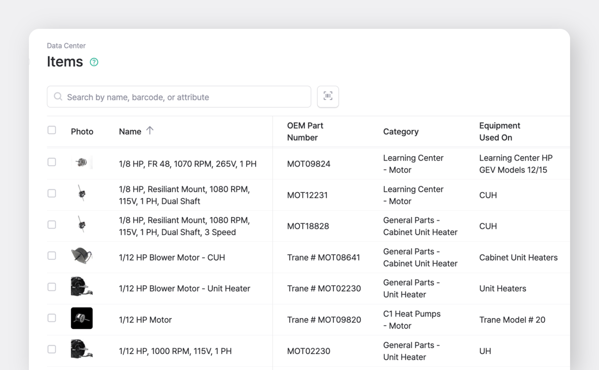 BoxHero Data Center > Items Screenshot of HVAC Items with their OEM Part Numbers