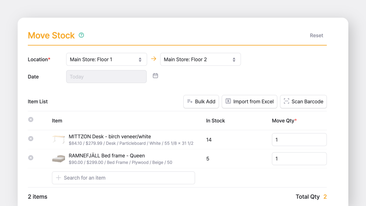 BoxHero "Move Stock" transaction to transfer items from one place to another