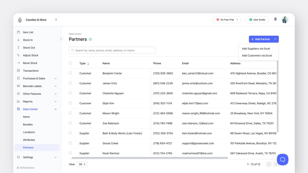Adding new customers in BoxHero via [Data Center] > [Partners]
