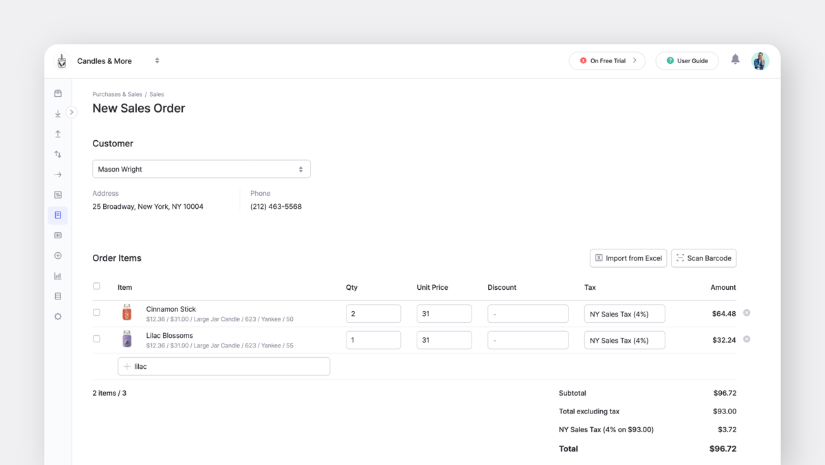 New Sales Order on BoxHero's Desktop (Web) screen with Customer and Order Items