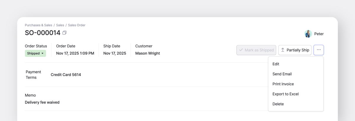 BoxHero Desktop Screen for Sample Sales Order with Edit, Delete, Export Actions