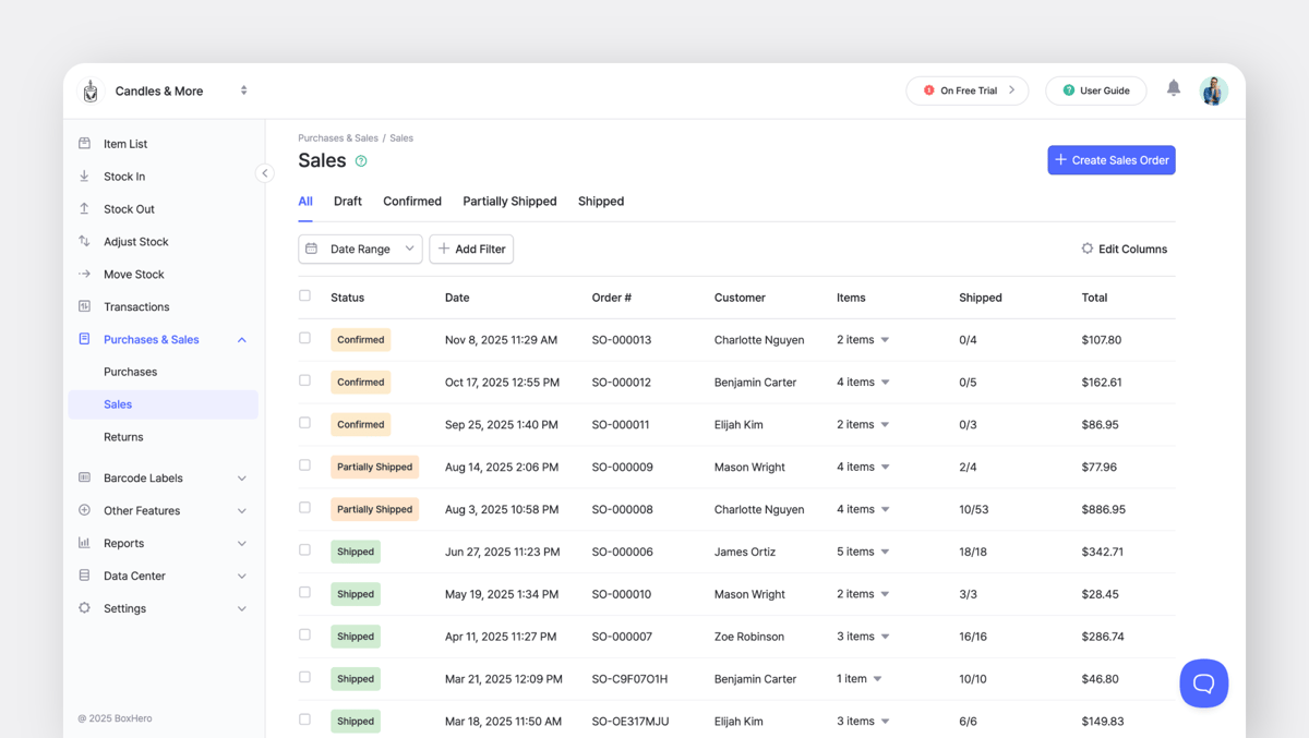 Sales Order list from BoxHero Desktop (Web)