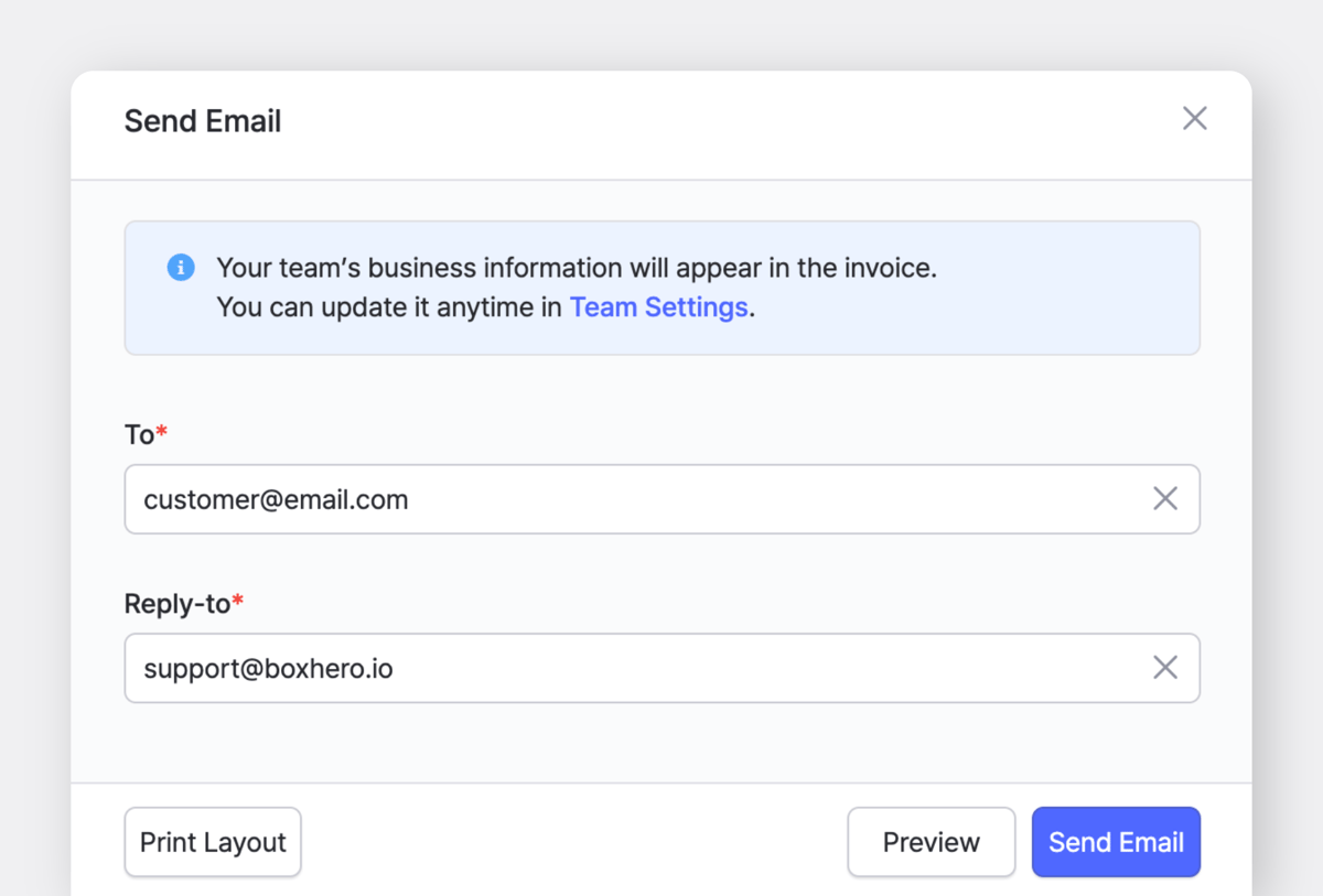 BoxHero "Send Email" Pop-Up for sending sales invoice to customer