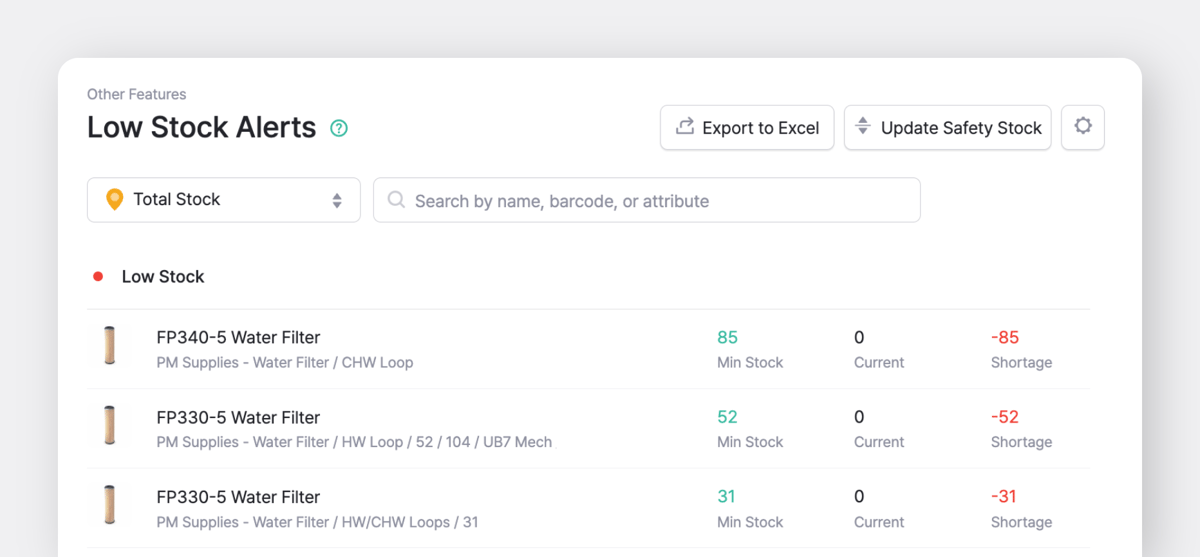 BoxHero Low Stock Alerts feature screenshot with water filters showing low in stock