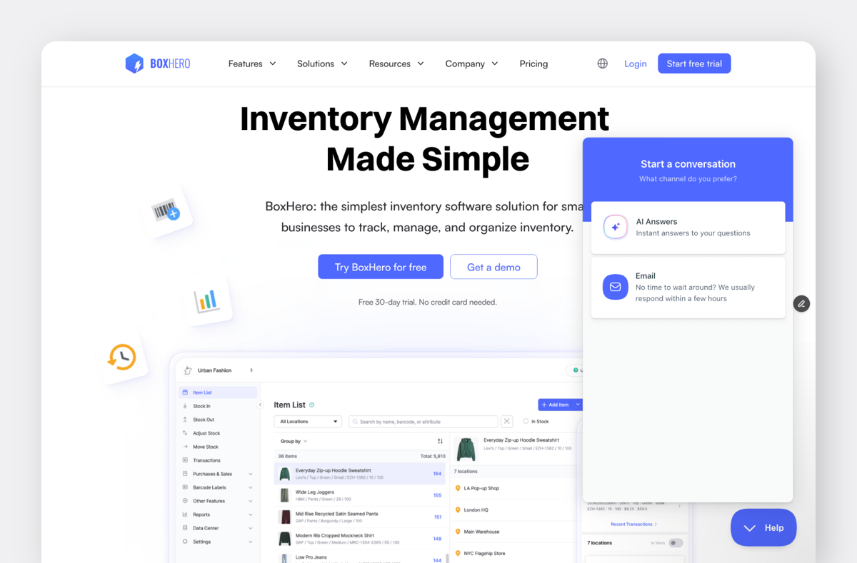 BoxHero Website Screenshot with Help Beacon for AI Answers Chatbot