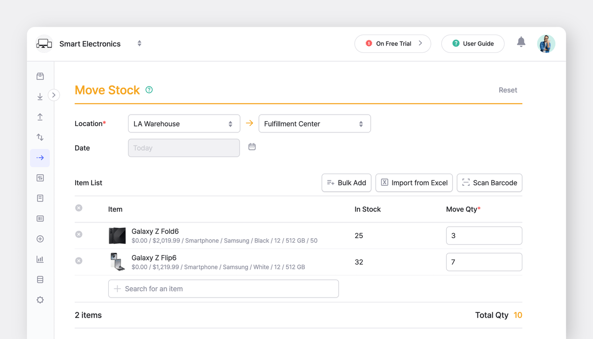 BoxHero Web UI: Move Stock Transaction with LA Warehouse and Fulfillment Center selected