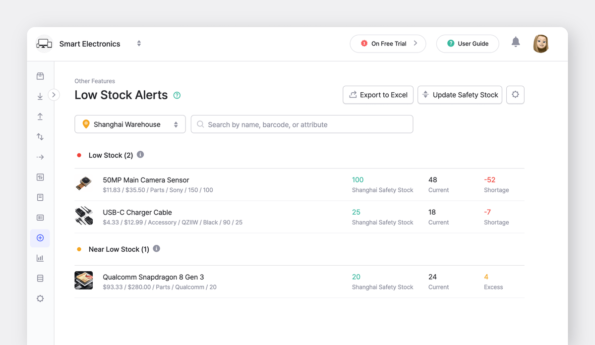 BoxHero Web UI: Low Stock Alerts Feature with Safety Stock Qty by Location