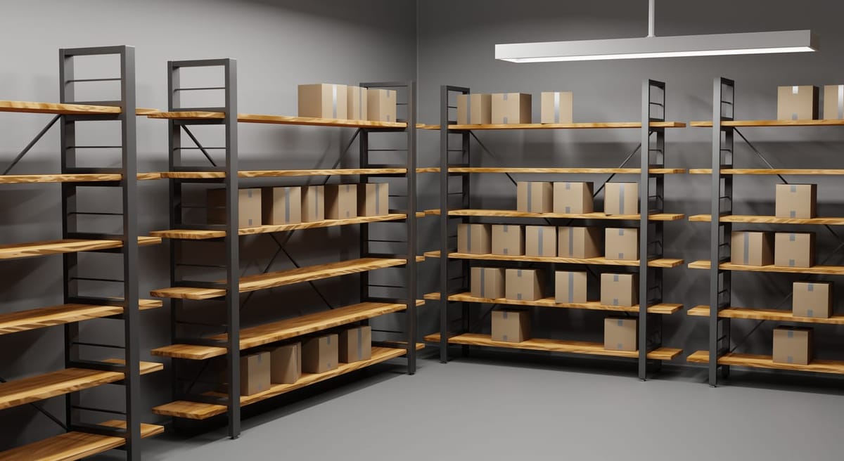 Warehouse with cardboard boxes on wooden shelves with metal base.