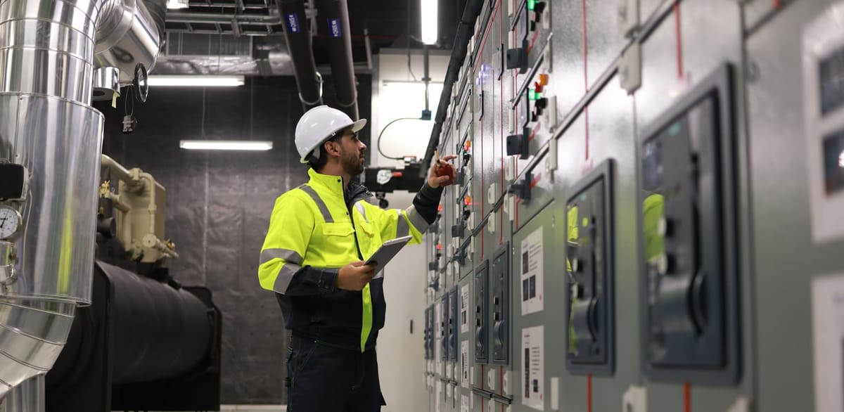 Engineers working in the main control room of a chiller HVAC system.