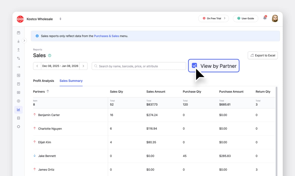 BoxHero Desktop App UI: Sales Reports > Sales Summary > View by Partner Checkbox