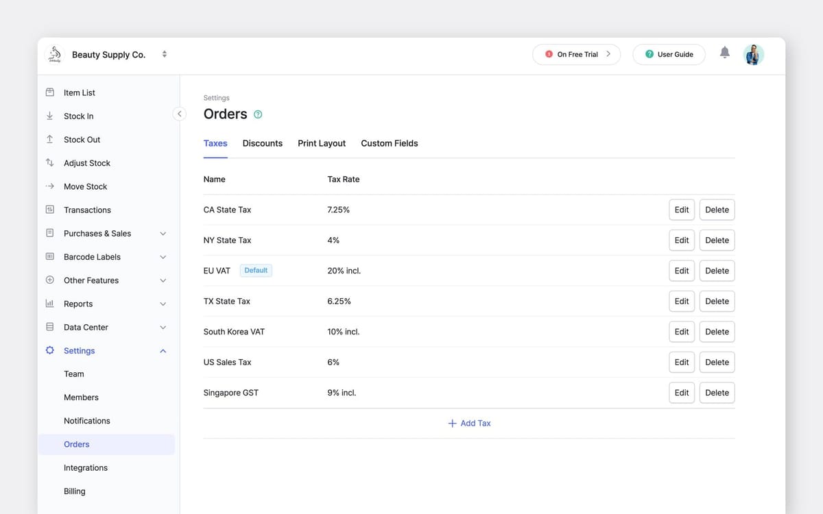 BoxHero Web UI Screenshot: Orders > Taxes with a list of tax rates