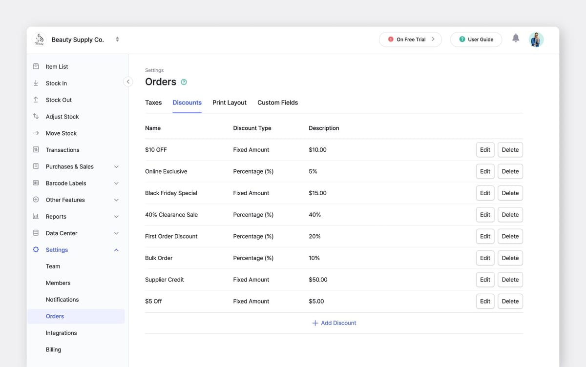 BoxHero Web UI Screenshot: Orders > Discounts with a list of fixed and percentage discounts