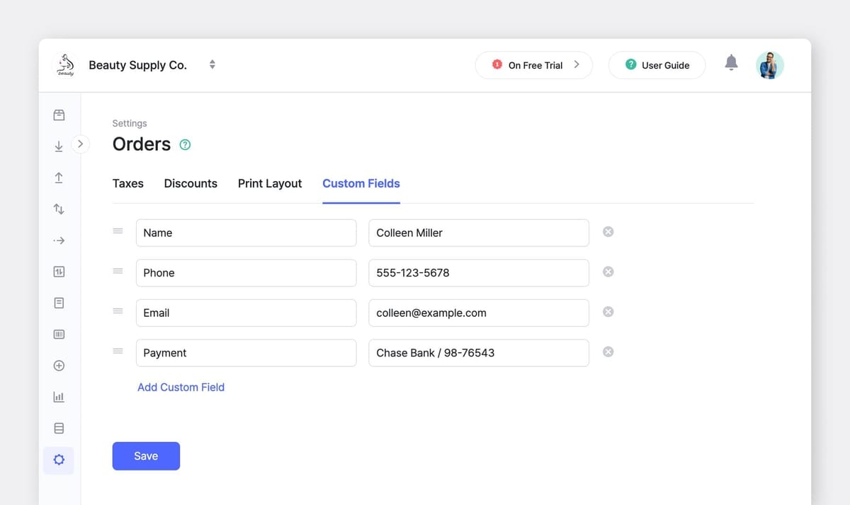 BoxHero Web UI Screenshot: Orders > Custom Fields