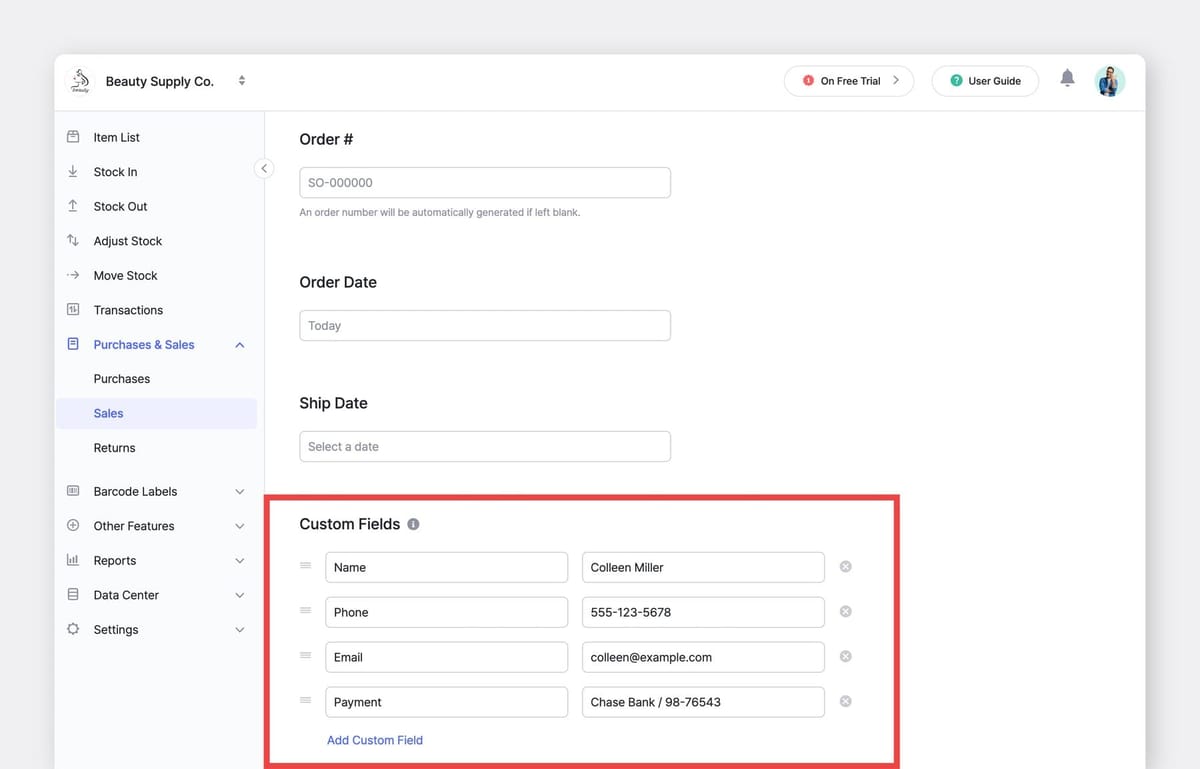 BoxHero Web UI Screenshot: New Sales Order with prefilled Custom Field values