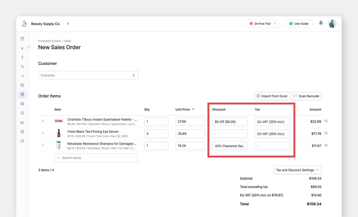 BoxHero Web UI: New Sales Order with Discount and Tax columns highlighted