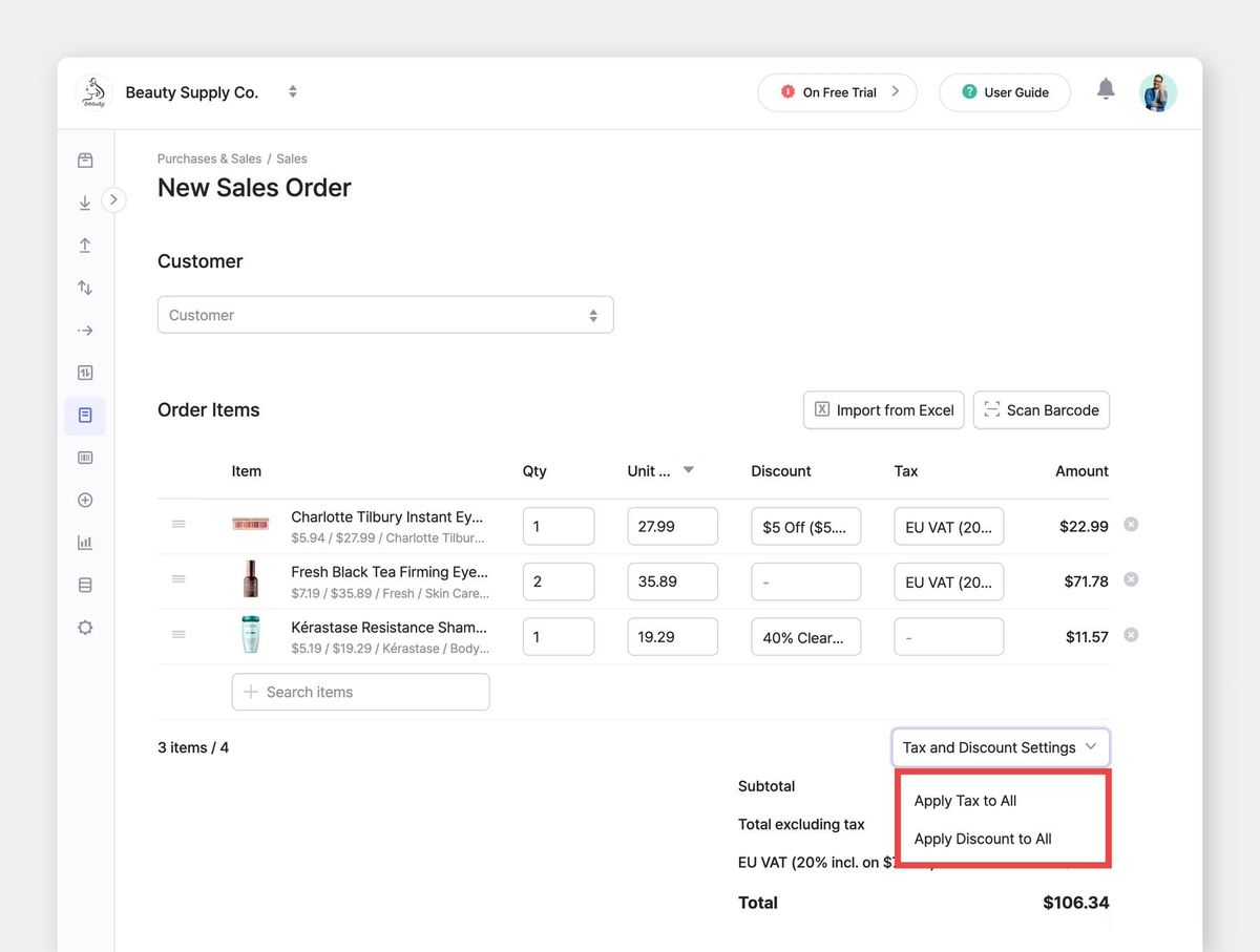 BoxHero Web UI Screenshot: New Sales Order with Tax & Discount Settings
