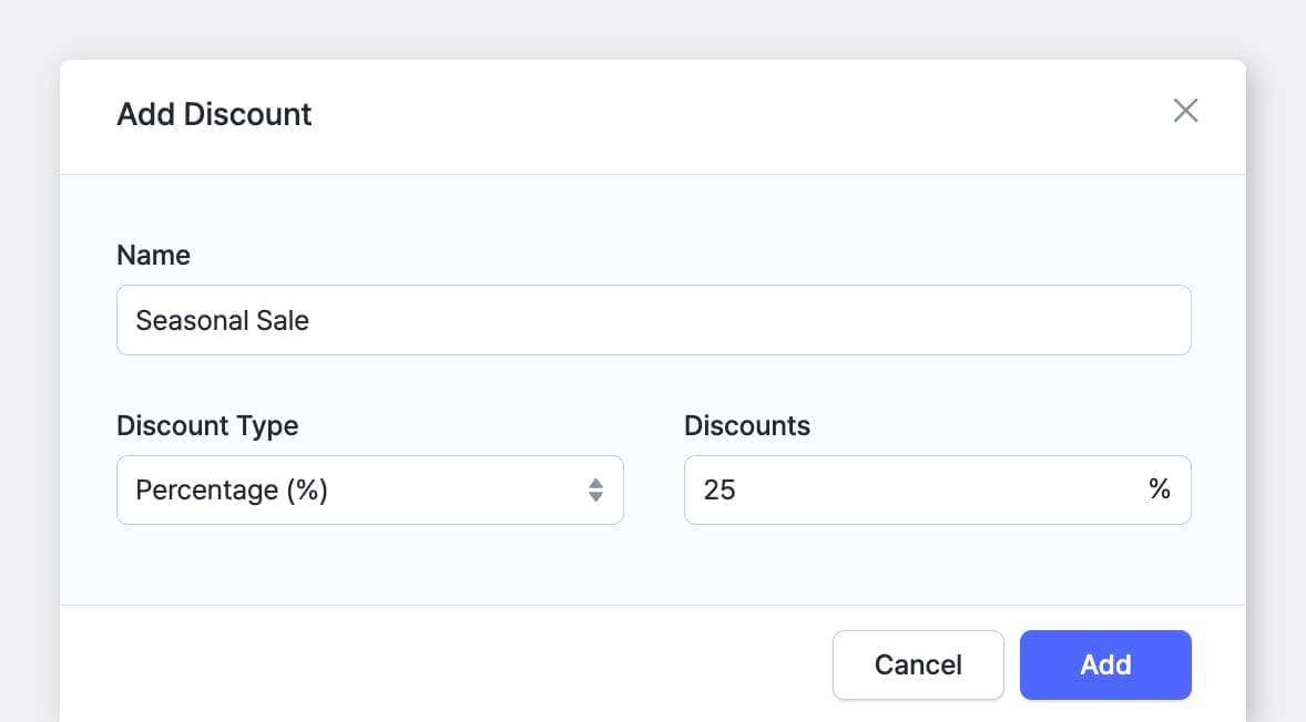 BoxHero Web UI Screenshot: "Add Discount" Pop Up with Name and Discount Type