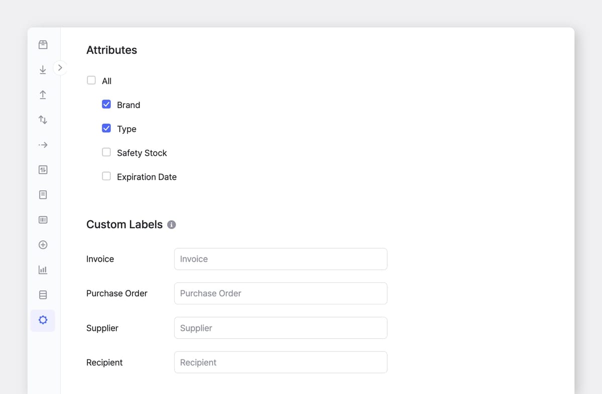 BoxHero Web UI Screenshot: Orders > Print Layout with Attributes and Custom Labels