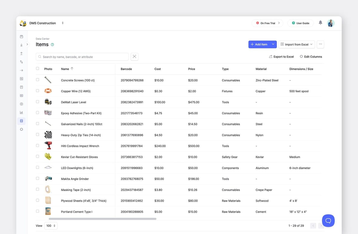 BoxHero Desktop App (Web) UI Screenshot: Data Center > Items