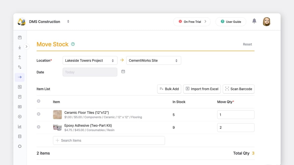 BoxHero Desktop App (Web) UI Screenshot: "Move Stock" Inventory Transaction