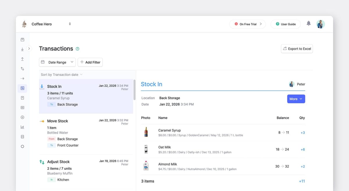BoxHero Desktop App (Web) UI Screenshot: Stock In Transaction at a Coffee Store Team